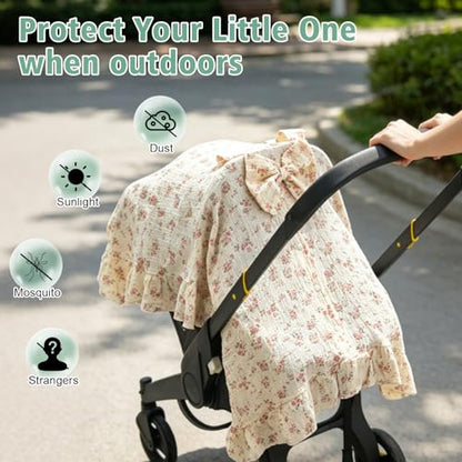 Muslin Baby Car Seat Cover, Handmade Infant Car Seat Cover with Cute Bow & Ruffle Hem Design, Multi-Use Carseat Canopy for Privacy Nursing, Summer Baby Carrier Cover Stroller Sun Protector - color: Flower