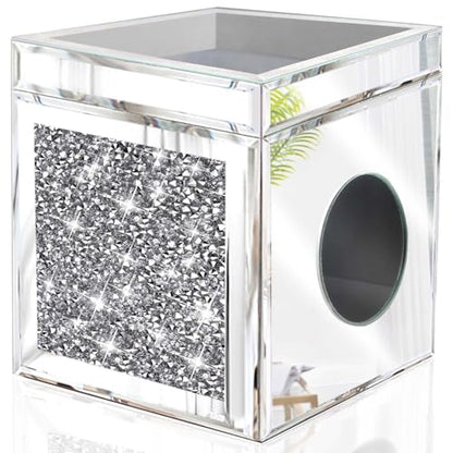 Wocred Square Tissue Box Cover Upgrades with Storage Tray,Crystal Crushed Diamond Tissue Box, Luxury Tissue Holders for Either Tissues in a Bathroom or Napkins on a Table.(6.5”x5.5”x5.5”) - color: Silver Tissue Box Tray