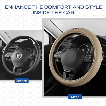 Skechers Memory Foam Steering Wheel Cover,Grade Protein Leather Steering Wheel Cover,Universal Fit 14" 1/2-15" Car Steering Wheel for Men Women Fit Suvs,Vans,Sedans,Car,Trucks,Beige - color: Beige