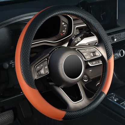 LABBYWAY Car Steering Wheel Cover, Leather, Universal 15 Inch Fit, Anti-Slip & Odor-Free,Brown - color: black&brown