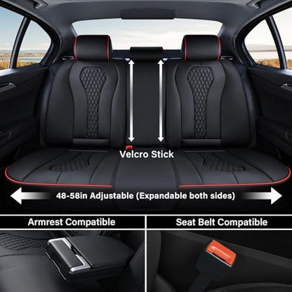 Coverado Car Seat Covers, Rear Car Protectors, Black Leather Seat Covers, 3-Piece Waterproof Automotive Seat Covers for Back Seats Universal Fit for SUVs & Cars, All-Weather Protection - color: Black&Red line