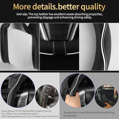 Leather Car Steering Wheel Cover,Anti-Slip, Safety,Soft,Breathable,Heavy Duty,Thick,Full Surround, Sports Style,Universal Car Accessories for Women Men Fit 14" 1/2-15"(Black with White line) - color: Black White Line