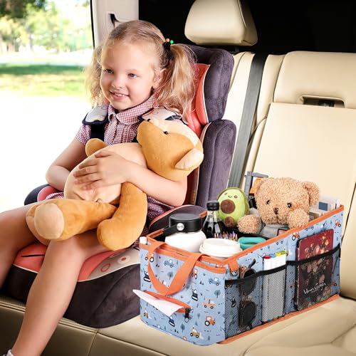 HEYSKAY Car Seat Organizer-Passenger Seat Organizer, Collapsible Small Car Seat Organizer for Console Front/Back, Car Seat Caddy Organizer with 4pc Drink Holders Automotive Backseat Organizer for Kids - color: Car light blue