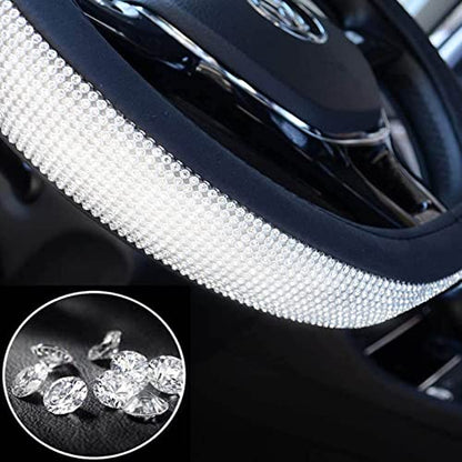 Black Leather Bling Diamond Steering Wheel Cover for Women Universal Fit 14.5in-15in - color: Black