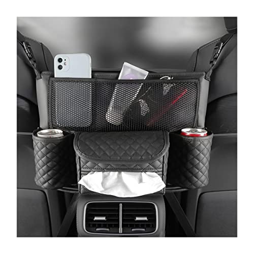 XINLIYA Car Handbag Holder Between Seats, PU Leather Multi-Pocket Large Capacity Purse Holder, Auto Net Bag Barrier of Backseat Pet Kids, Car Seat Organizers and Storage for Cargo Tissue Cup（Black） - color: Black