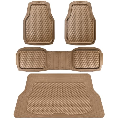 CAR PASS Heavy Duty Rubber Beige Car Floor Mats & Cargo Liners, Deep Dish All-Weather Trunk Mats Durable Anti-Slip 3D Rhombus Waterproof Trim to Fit Liner Universal Fit Auto,Sedan,SUV,Truck, Beige - color: beige with cargo liner