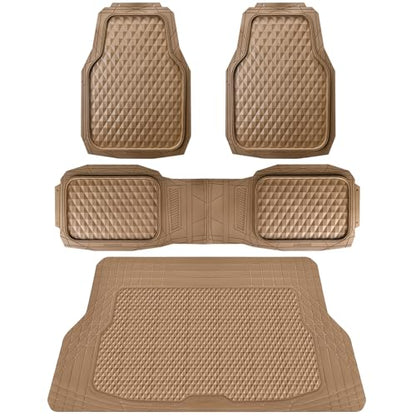 CAR PASS Heavy Duty Rubber Beige Car Floor Mats & Cargo Liners, Deep Dish All-Weather Trunk Mats Durable Anti-Slip 3D Rhombus Waterproof Trim to Fit Liner Universal Fit Auto,Sedan,SUV,Truck, Beige - color: beige with cargo liner