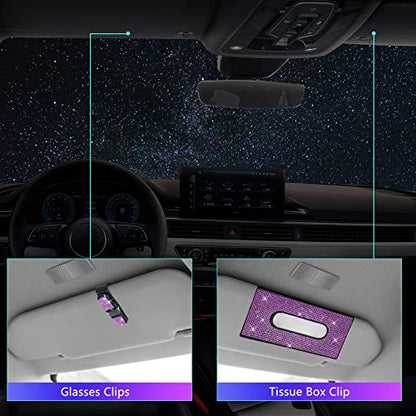 25PCS Bling Car Car Accessories Set,15 Inch Steering Wheel Cover,Shiny License Plate Frame,Center Console Cover and Rearview Mirror Set and Other Car Accessories(Purple) - color: Purple