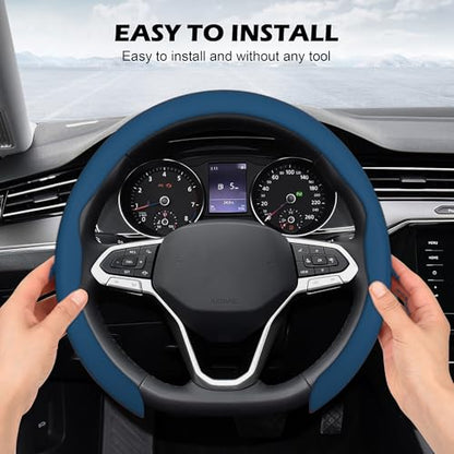 Nappa Leather Steering Wheel Cover,Universal Fit 15 Inch-Premium Non-Slip Breathable Comfort Grip for Cars Trucks SUVs,Anti-Slip Durable Interior Upgrade Navy Blue - color: Navy Blue