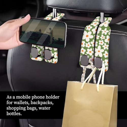 Car Seat Headrest Hook, Universal Leather Cute Hanger Holder Hook, Storage Organizer Interior Accessories for Purse Bags Handbag Cute Green Daisy