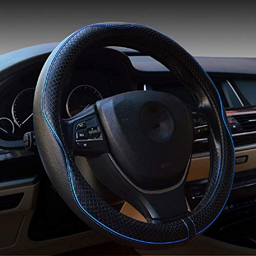 Valleycomfy Steering Wheel Covers Universal 15 inch - Genuine Leather, Breathable, Anti Slip & Odor Free (Black with Blue Lines, M(14" 1/2-15" 1/4)) - color: Black with Blue Lines, size: M(14"1/2-15"1/4)