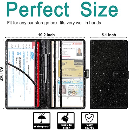 Car Registration and Insurance Holder, Vehicle Glove Box Organizer Cool Car Accessories, Auto Truck Document Holder for Cards, Driver License, Black Glitter