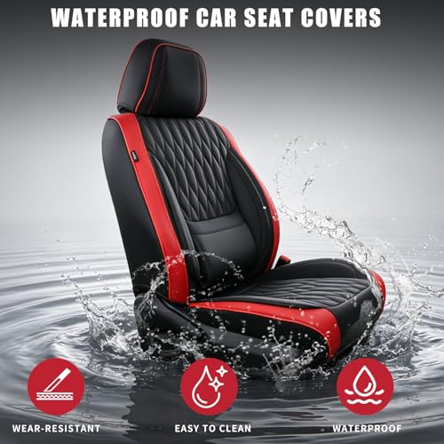 Car Seat Covers , Luxury Breathable Waterproof Faux Leatherette Car Seat Covers Cushion Protectors with Lumbar Support, Car Seat Cushion, Universal Fit Most Cars (Black-Red, Full Set - 5 Seats)