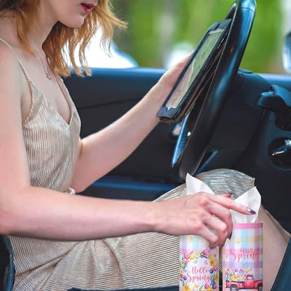 12 Pack Hello Spring Car Tissue Cylinder Holder Bulk with 3 Ply Facial Tissues Flower Round Napkin Holders for Cup Holder Cylinder Floral Mason Jar Travel Paper Tubes Bulk Napkin Boxes Packs - style: Hello Spring