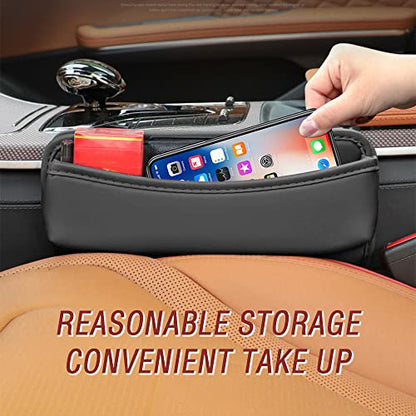 Large Capacity Car Seat Gap Filler with 2 Charge Hole - Microfiber Leather Organizer Storages Items & Keeps Quiet Tidy Storage Box for Phone,Key,Cigarette,Glasses (Black/2pcs)