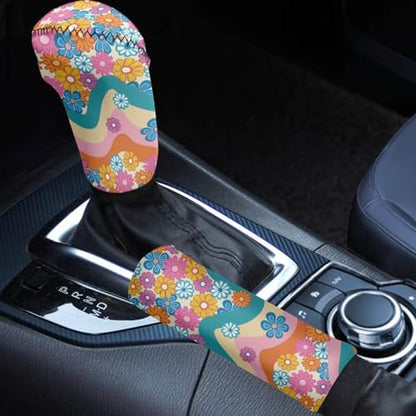 Bulopur Car Shifter Gear Hand Brake Trim Cover Set for Most Cars Van SUV Sedan Truck Auto Accessories - color: Boho Hippie Daisy
