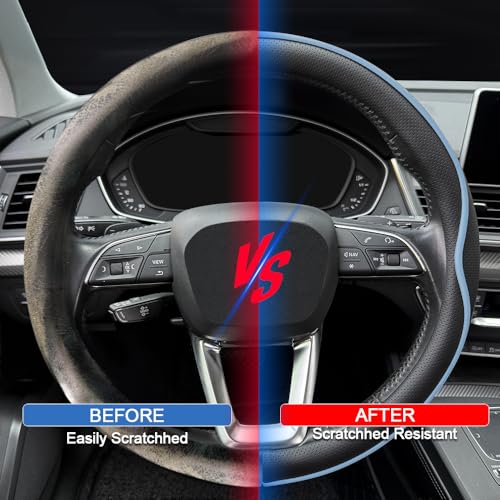 Leather Steering Wheel Cover， with Anti-Slip Stripe Design - Enhanced Grip, Fashion Style, Safe, Non-Slip, Breathable. Upgrade car Interior，Black Blue - color: Black Blue