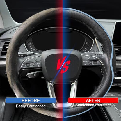 Leather Steering Wheel Cover， with Anti-Slip Stripe Design - Enhanced Grip, Fashion Style, Safe, Non-Slip, Breathable. Upgrade car Interior，Black Blue - color: Black Blue