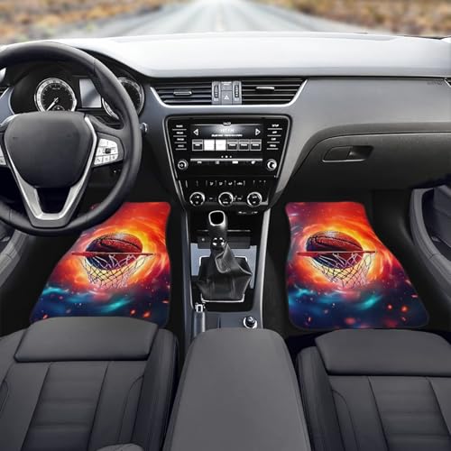 Basketball Print Car Floor Mats Set of 4 Abstract Fire Sports Ball Universal Vehicle Floor Carpet Decorative Auto Front Rear Foot Rugs for Trucks SUV Sedan