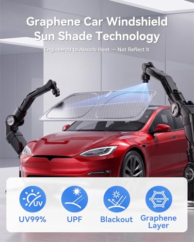 helloleiboo Windshield Sun Shade for Tesla Model S & Model X 2016-2026 Graphene Honeycomb Heat Shield with UV Protection Foldable Custom Fit Front Window Sunshade Silver 58" x 41" - size: For Tesla Model S & Model X (2016-2026)