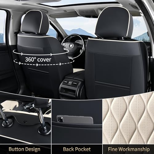 Leather Seat Cover Front Seats Automotive Car Seat Covers Front Seat Cover Waterproof Car Seat Protector with Lumbar Support 2 Pack Universal Fit for Most Cars Sedans Trucks SUV, Black&Beige