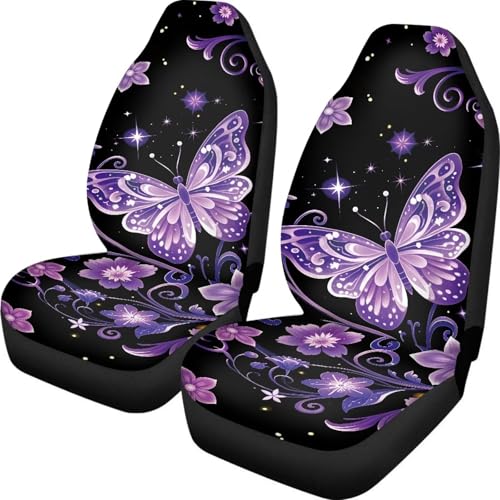 Dreaweet Car Seat Covers Front Seats Purple Butterfly Car Accessories for Women Interior 2 Piece Washable Universal High Back Bucket Seat Covers for Cars SUV Sedan - color: Purple Butterfly