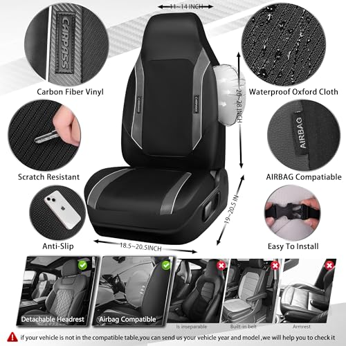 CAR PASS High Back Car Seat Cover Two Front Seats, Sporty Carbon Fiber 3D Waterproof Oxford Luxury Leather All Weather Bucket Seat Cover, Airbag Compatible Universal Fit Car Suv Sedan Truck Black Gray - color: Black and Gray