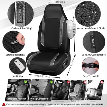 CAR PASS High Back Car Seat Cover Two Front Seats, Sporty Carbon Fiber 3D Waterproof Oxford Luxury Leather All Weather Bucket Seat Cover, Airbag Compatible Universal Fit Car Suv Sedan Truck Black Gray - color: Black and Gray