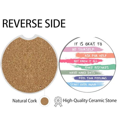 2 Pcs Encouraging Words Car Coasters,Ceramic Cup Holder Coasters with a Finger Notch,2.56" Ceramic Stone & Non-Scratch Cork Base,Car Accessories for Women&Man.