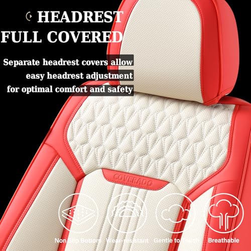 Coverado Car Seat Covers Full Set, Front and Rear Seat Covers, 5 Seats Leather Seat Covers for Cars, Waterproof Car Seat Protectors, Automotive Seat Cushions, Universal Fit for Most Cars, Red&White