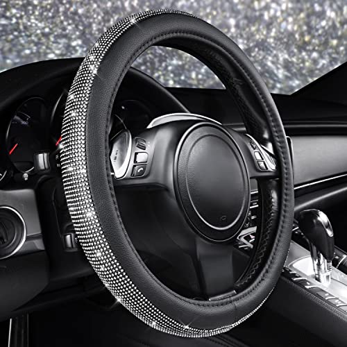 CAR PASS Diamond Black Leather Steering Wheel Cover, with Bling Crystal Rhinestones Universal Fit 14" 1/2-15" Crystal Glitter for Women Sparkle Girl Fit Suvs,Vans,Sedans,Cars,Trucks, White Diamond - color: Black Crystal Holder Silver Diamond