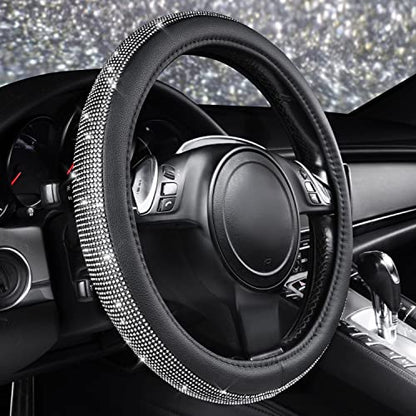CAR PASS Diamond Black Leather Steering Wheel Cover, with Bling Crystal Rhinestones Universal Fit 14" 1/2-15" Crystal Glitter for Women Sparkle Girl Fit Suvs,Vans,Sedans,Cars,Trucks, White Diamond - color: Black Crystal Holder Silver Diamond