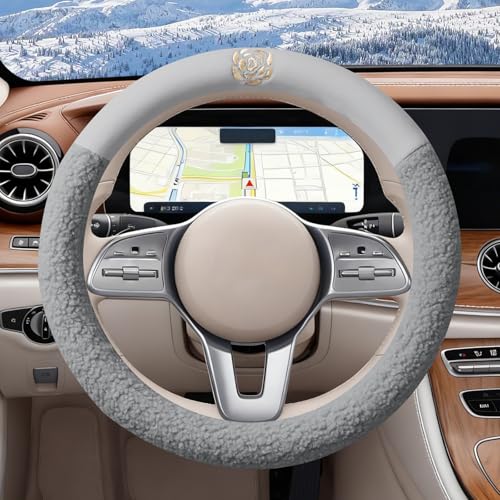 Gray Camellia Lambswool Steering Wheel Cover, for Universal Auto Steering Wheel 14.5-15 in, Lambswool Fabric, Anti-Slip, Soft Plush, Comforting and Luxurious, Embroidery Patterns, Soft Texture - color: Gray