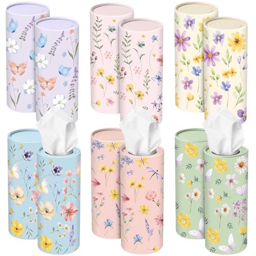 Outus 12 Pcs Floral Car Tissue Holder Cylinders with 3 Ply Facial Tissue Bulk, Portable Paper Dispenser for Cup Holder, Travel Bathroom Table Decor, Tissues Boxes Container for Home Office Party - style: Floral