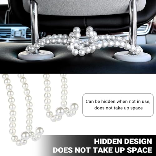 2 PCS Car Seat Headrest Hooks, Cute Pearl Car Purse Hook, Stainless Steel Auto Seat Backrest Storage Hook, Universal Automotive Interior Organizer Accessories for Women Girls (White)