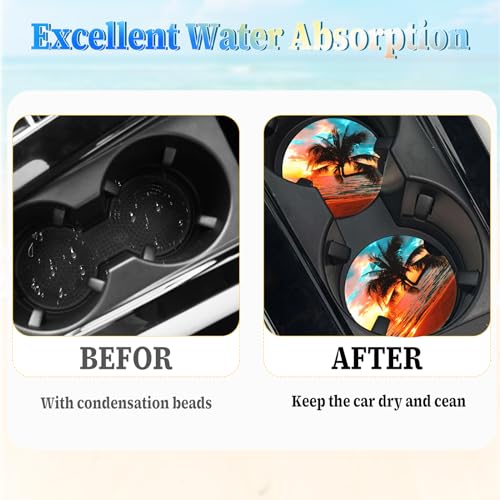 Jeffdad Car Cup Holder Coasters, 2 Pack Absorbent Ceramic Coaster 2.56" Universal Ceramic Stone & Non-Scratch Cork Base Coasters Auto Accessories for Women & Men(Ocean)