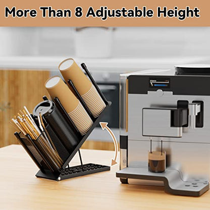 OVICAR Cup and Lid Holder - Adjustable Coffee Cup Holder Organizer 4 Compartment Disposable Cup Dispenser with Coffee Pod Straw Storage Basket for Coffee Station Bar Countertop Breakroom Metal Black - color: Black