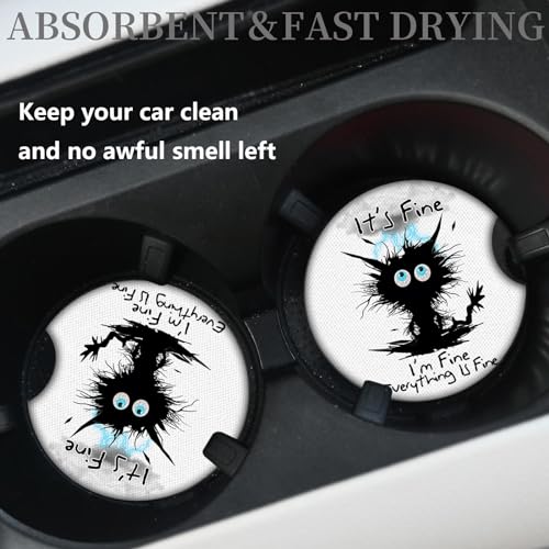 2 Pack Car Cup Holders,Universal Auto Anti Slip Insert Coaster, Rubber Car Coasters with A Finger Notch, Cute Car Assecories for Women Men (I'm Fine Cat)