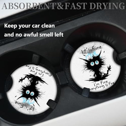 2 Pack Car Cup Holders,Universal Auto Anti Slip Insert Coaster, Rubber Car Coasters with A Finger Notch, Cute Car Assecories for Women Men (I'm Fine Cat)