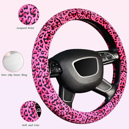 KAFEEK Leopard Plush Steering Wheel Cover for Woman Girl, Universal 15 inch, Pink - color: leopard pink, size: Standard Size[14 1/2''-15'']