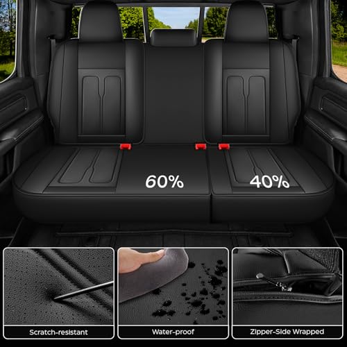 Seat Covers Custom Fit for Chevy Silverado GMC Sierra 2007-2026 1500/2500/3500 HD Crew Cab Pickup Truck Seat Cover Protector Cushion with Faux Leather Waterproof (Front Seat-Black)