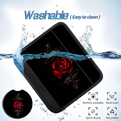 Auto Center Console Cover Pad+ 2 Coasters, Stylish Pattern Soft Car Armrest Cover Auto Center Console Pad, Car Decorative Accessory Universal Fit for Most Car/SUV/Truck, Red Rose