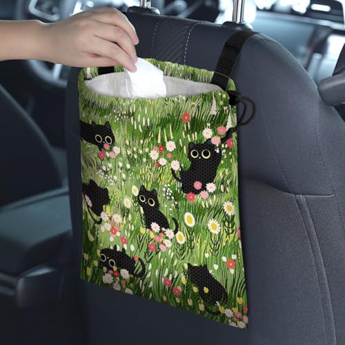 Car Trash Bag Hanging Back of Seat Waterproof Small Cute Printed One-Handed Strap Drawstring Garbage Bags for Car-Black Cat Floral - color: Black Cat Floral Car Trash Bag