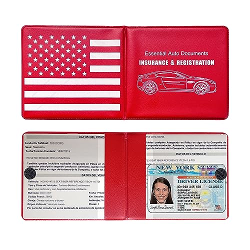 Ziciner Car Registration Insurance Holder, 2Pack Essential Auto Card Document Glove Box Organizer with Touch Fastener, Vehicle Interior Accessories Perfect for Most Car, Truck, SUV (Red/Back Flag) - color: Red/Back Flag