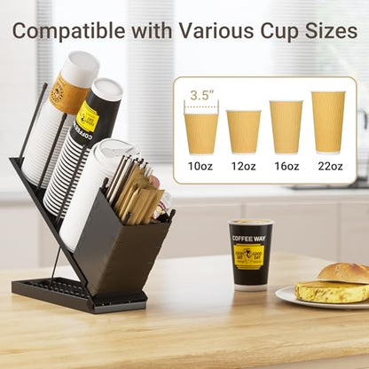 Dunatou Adjustable Cup and Lid Holder with Straw Holder & Storage Box – 4-Compartment Coffee Cup Organizer Dispenser for Countertop, Office Coffee Bar Station, Ninja Slushi Machine, Dirty Soda Bar