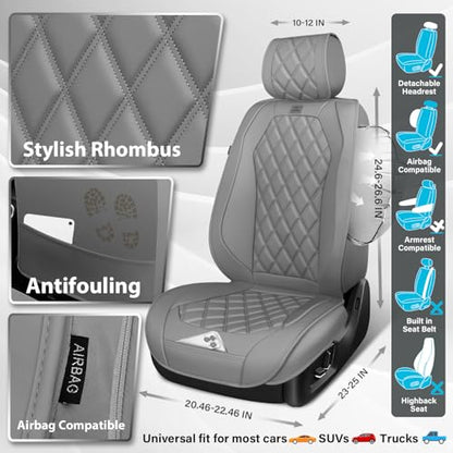 CAR PASS Luxury Nappa Leather Seat Covers Full Set, 3D Rhombus Waterproof Faux Leather Seat Covers, Universal Automotive Seat Cushion Fit for Most Sedan SUV Truck Van, Armrest Airbag Compatible Gray - color: gray