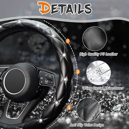 KAFEEK 16 inch Diamond Soft Leather Steering Wheel Cover,Compatible for F150 F250 F350 Ram 4Runner Tacoma Tundra Range Rover - color: Black, size: Large Size[15.5"-16"]