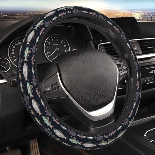 Vintage Fish Fishes Ocean Fishing Car Steering Wheel Cover,Non-Slip Elastic Neoprene-Sweat Car Accessories,Universal 15 Inch Fit Auto, Vans Trucks,Suvs, Truck - color: Fish