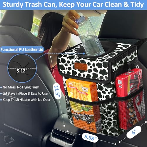 ELONGRIVER Car Trash Can Bin for Back Seat Leak Proof, Cute Car Trash Bag Hanging, Vehicle Trash Can for SUV Truck Van, Automotive Garbage Cans Front Seat Cow Print - color: Cow Print, size: 3 Gallons