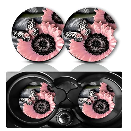 Car Coasters for Cup Holders,2 PCS Universal Non-Slip Sunflower Butterfly Car Coasters,2.75" Rubber Mat,Sunflower Cars Accessories Cup Drink Holder Coaster Decor Sunflowers Gifts for Women,Men,Mom - color: Sunflower Butterfly